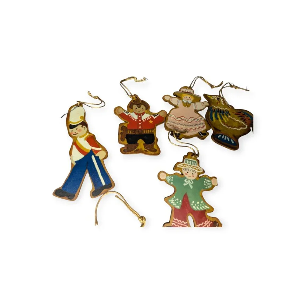 Vintage 1970s Hand Painted Flat Hard Board Christmas Ornaments Set of 8